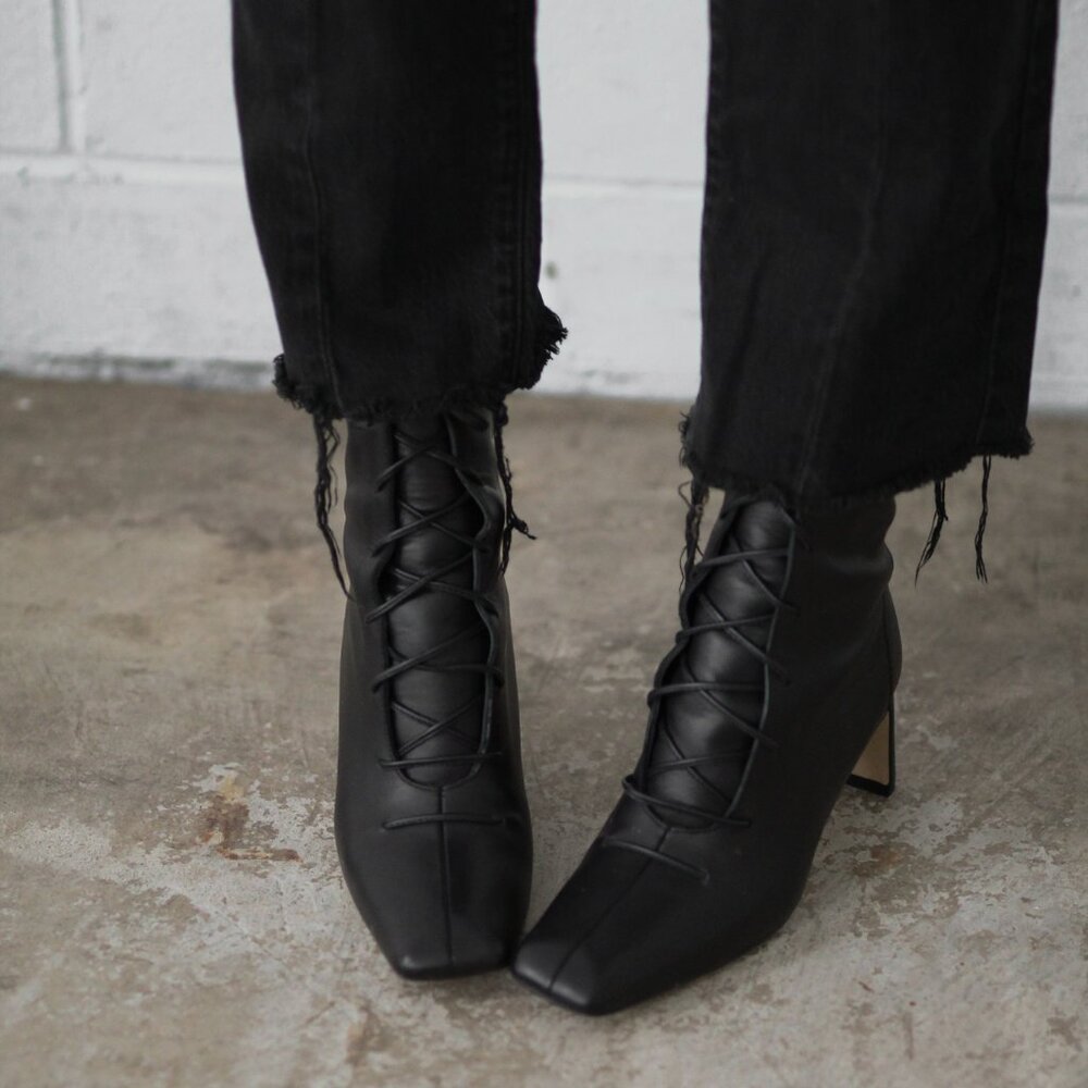 Lace-Up Square Toe Ankle Boots - Black - Picture 2 of 4